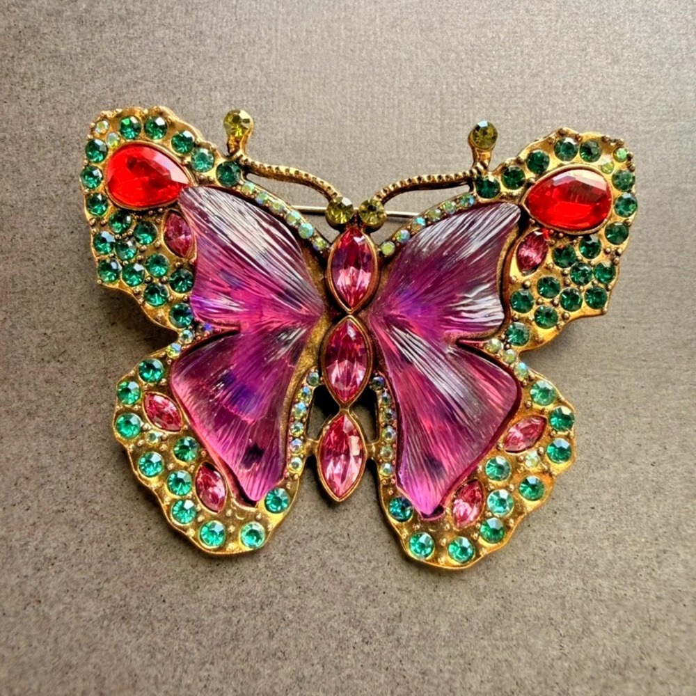 Pink Green Butterfly Brooch Rhinestone Enamel Gold Tone Large Statement Pin